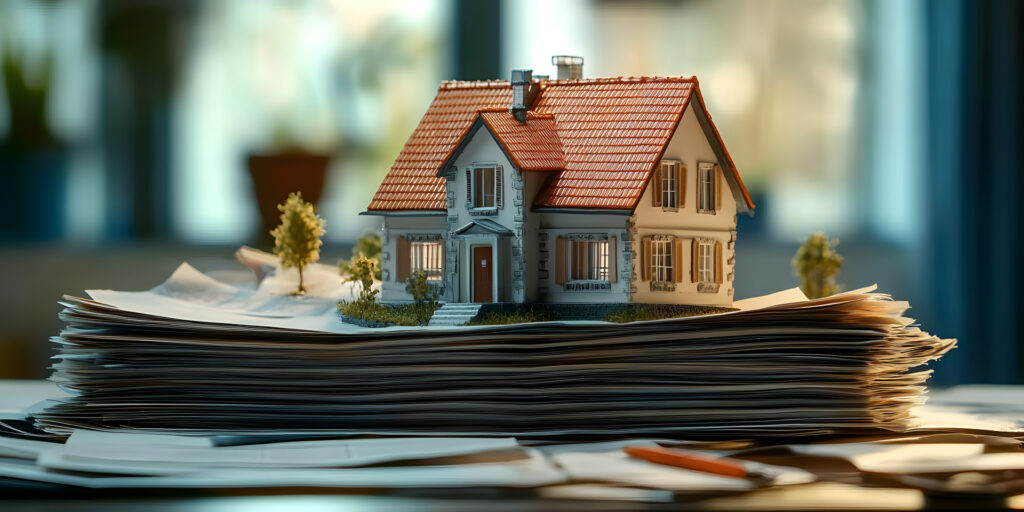 Modellhaus mit Bäumen steht auf Unterlagen